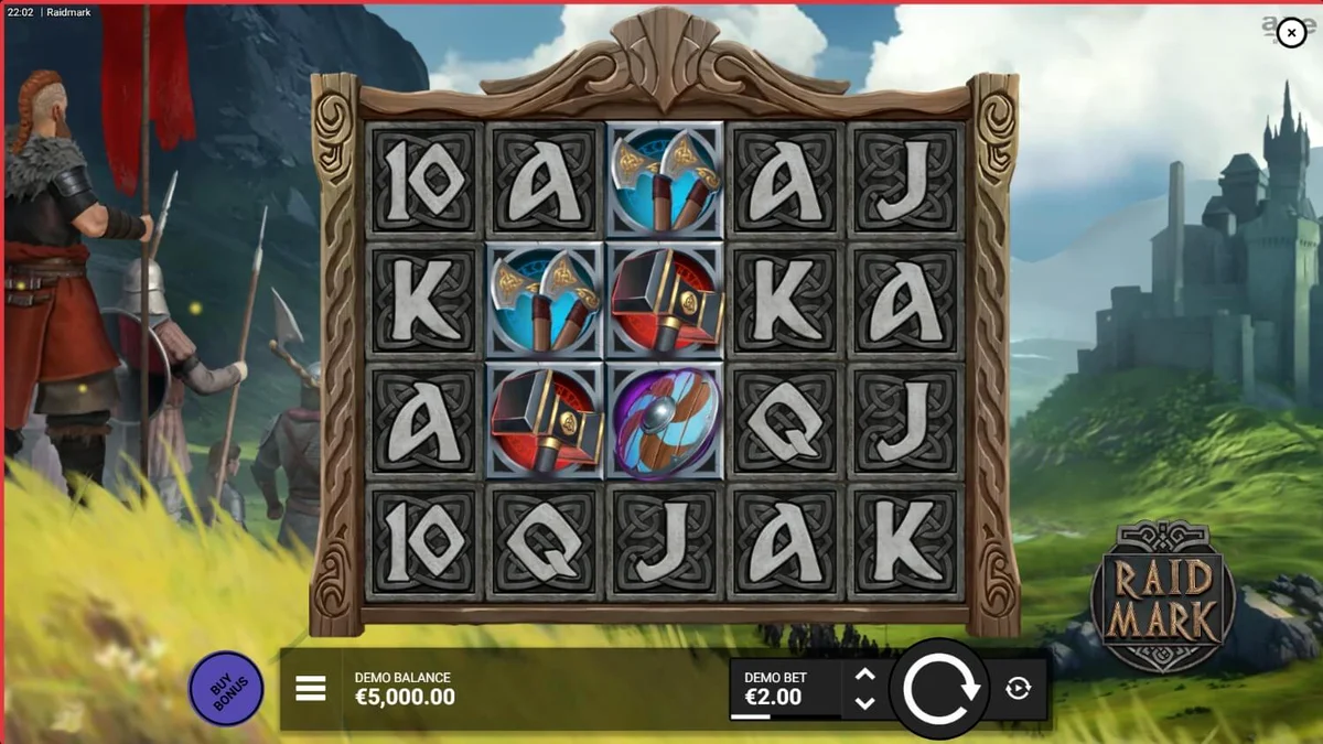 Tampilan visual slot Raidmark dengan tema Viking dan kapal perang